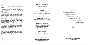 Scanned image of Laura Newberry Funeral Program.