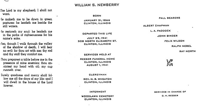 Image of William Newberry Funeral Program.