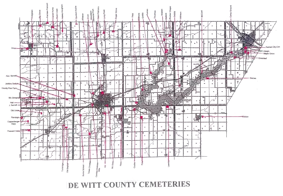 Map of DeWitt County Illinois Cemeteries.